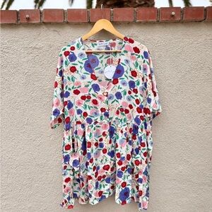 Floral Button Front Tiered Tunic - Red, Purple, Pink